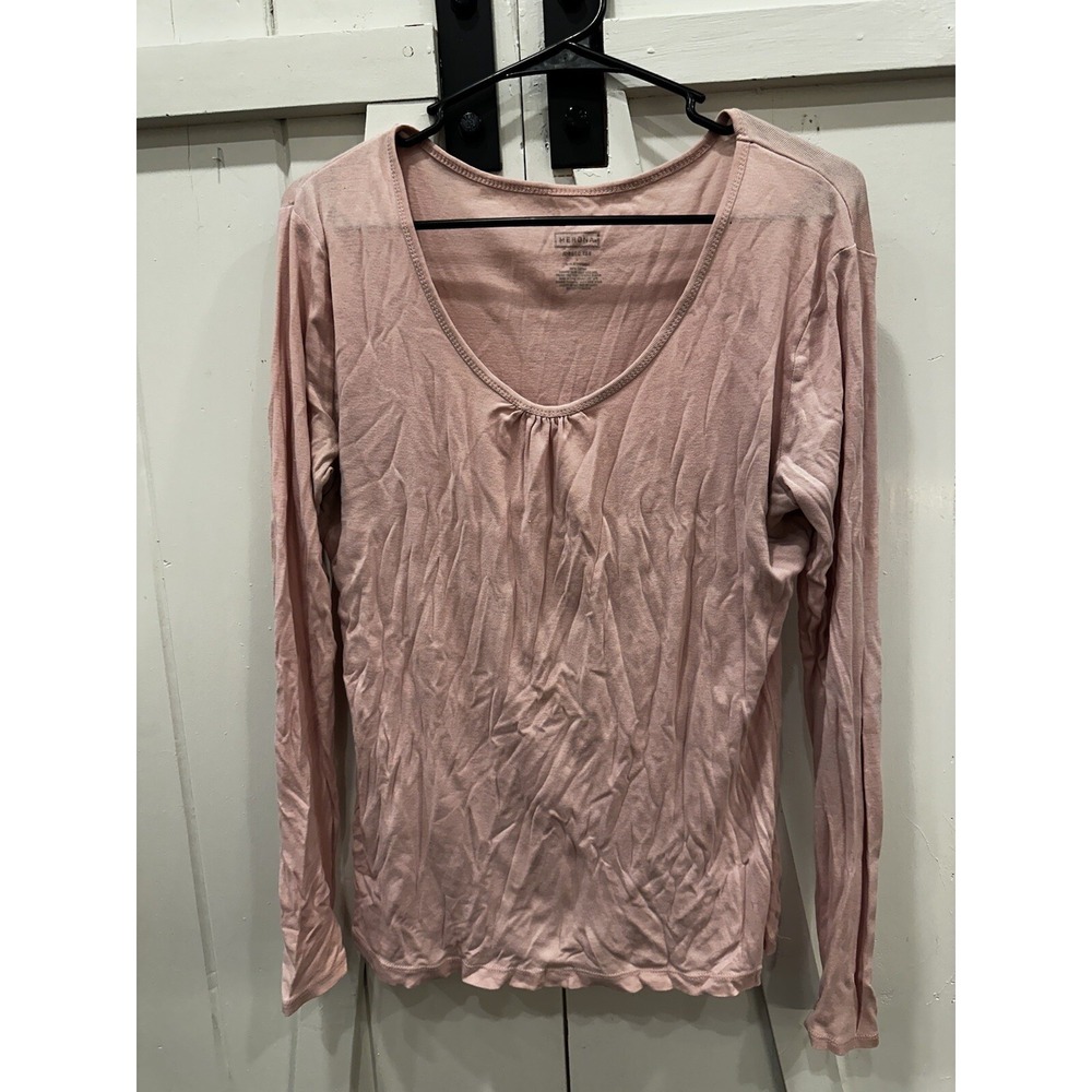Merona Women Pink Ribbed Tee Long Sleeve Scoop Neck Cotton Top Size L